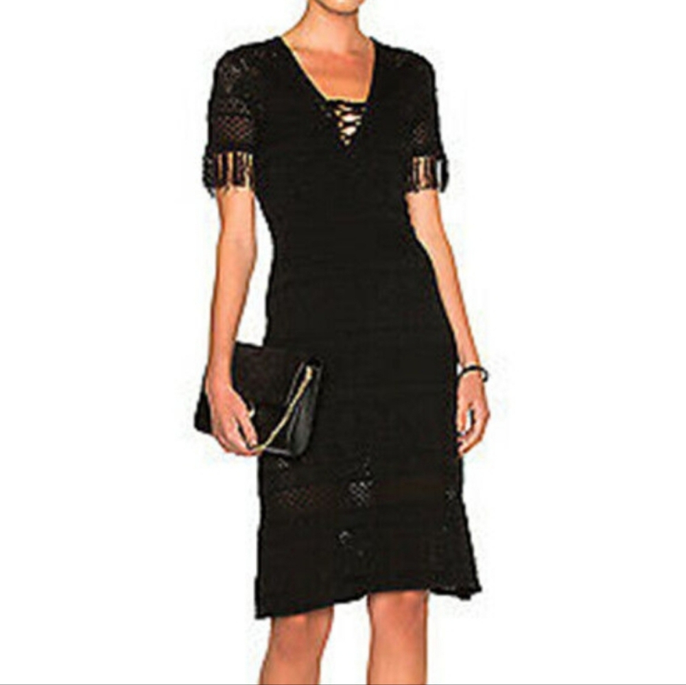 A.L.C. Trevi Crochet Fringe V Tie Neck  Midi Dress